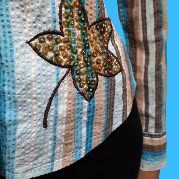 Vintage 90s Y2K Fitted Striped Button Up Shirt Size M Embroidered Blue Brown - Picture 2 of 7